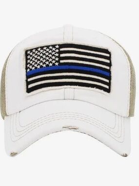 White Trucker Cap with Thin Blue Line American Flag Patch
